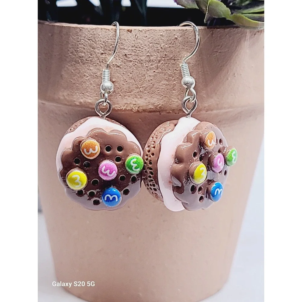 Handmade Chocolate Candy Cookie Sandwich Drop Earrings Pink Cream Resin Food